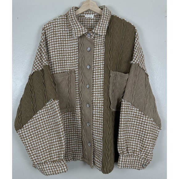 POL Women's M Houndstooth Panel Shacket Mocha Multi Oversized Button Bohemian - Picture 2 of 7